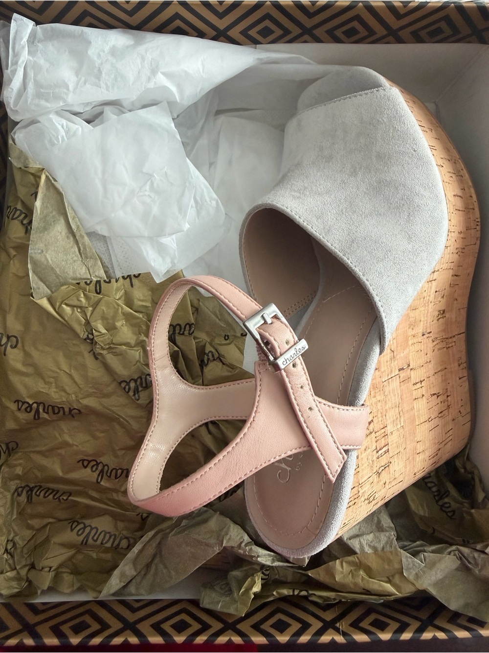 Charles By Charles David Gray Suede and Blush Wedge Sandals